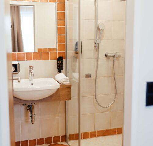 Badezimmer mit Glas Walk-In Dusche und Waschbecken