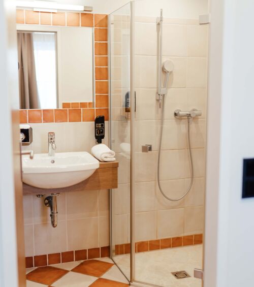 Badezimmer mit Glas Walk-In Dusche und Waschbecken